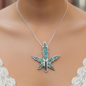 EUC! Sterling Silver and Crushed Turquoise Pot Leaf Pendant or Charm!